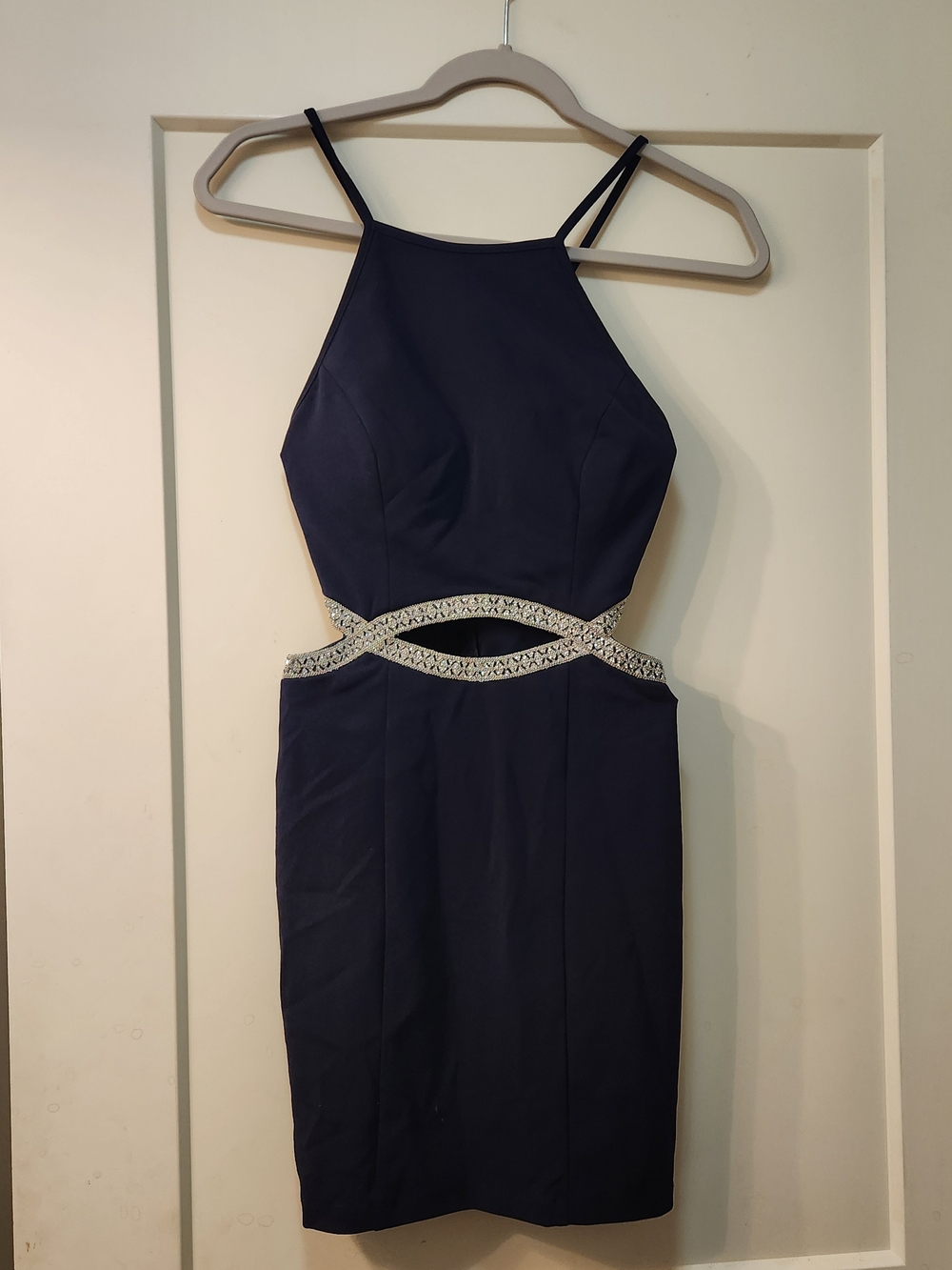 Navy Cutout Halter Bodycon Dress with Embellished Waist
